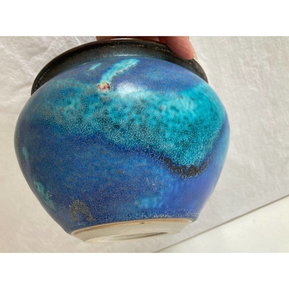 Vintage Handmade Studio Pottery Blue Round Circular Vase Signed Silver Band Rim - Picture 2 of 8